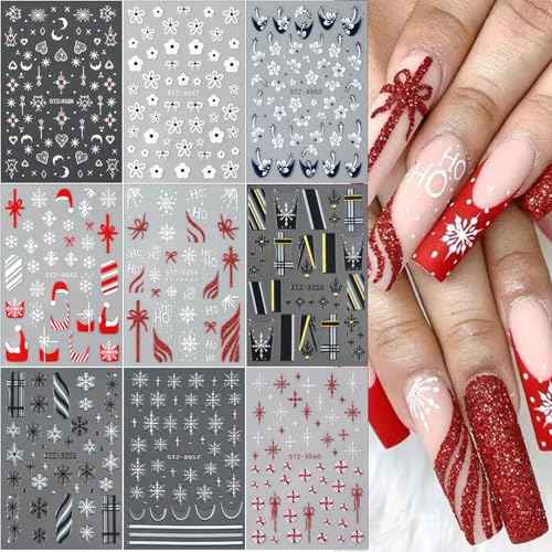 9 Sheets Christmas Nail Art Stickers Decals 3D Self-Adhesive Christmas Gifts Nail Art Supplies Cute Snowflake Xmas Winter Nail Art Design for Women Girls Nail Decoration Accessories