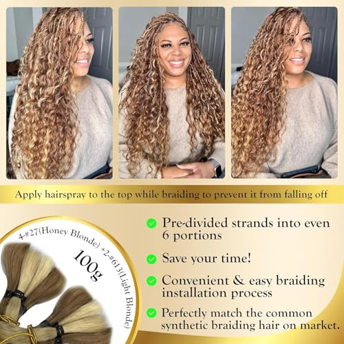 Highlighted Multi-Blonde Braiding Human Hair for Boho Knotless Braids, Ombre 27/613 Curly Braiding Hair Deep Wave Human Hair Bulk, No Weft Blonde Extensions 22 Inch 100G FULL BULK