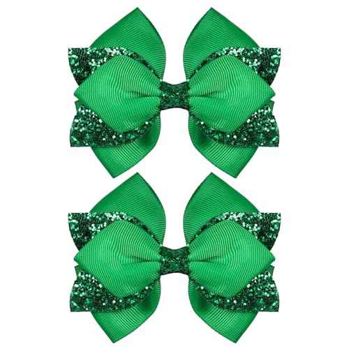 4" Glitter Christmas Green Hair Bow Clips Girls Sparkly Ribbon Sequin Bow Cheer Barrettes Alligator Hairpins for Teens Toddler Kids St Patrick's Day Easter outfit Dress Decor Accessories Gift