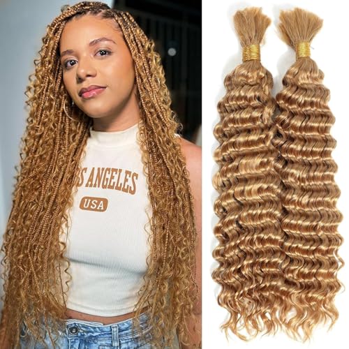 Deep Curly Braiding Human Hair 100g 20 Inch Color 27 Honey Blonde Deep Water Wave Bulk Human Hair for Braiding No Weft Brazilian Virgin Deep Curly Human Hair Extensions for Boho Braids