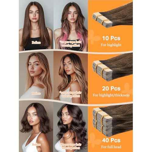 DOORES Tape in Hair Extensions Human Hair, Balayage Dark Brown to Chestnut Brown 50g 20pcs 18 Inch, Human Hair Extensions Natural Remy Straight Hair Skin Weft