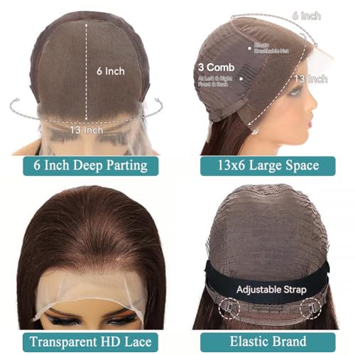 Azkiu 32 Inch Chocolate Brown Lace Front Wigs Human Hair 13x6 Straight HD Lace Front Wigs Pre Plucked Straight Human Hair 13x6 HD Frontal Human Hair Wig for Women 200 Density