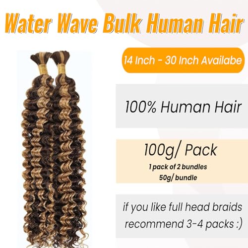 Human Braiding Hair Deep Wave Bulk Human Hair for Braiding 4/27 Honey Blonde No Weft Curly Braiding Hair Extensions for Boho Braids Wet and Wavy Braiding Human Hair Bundles 30 Inch 100g