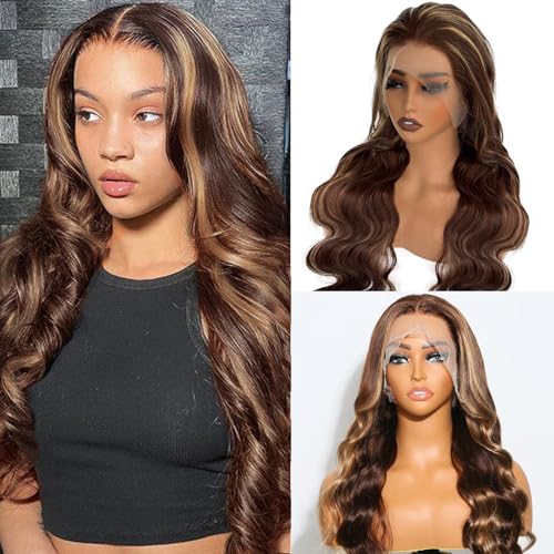 Highlight Lace Front Wig Human Hair 13x6 HD Transparent Straight Lace Front Wigs Human Hair Pre Plucked 180% Density 4/27 Colored Honey Blonde Wig for Women 22Inch