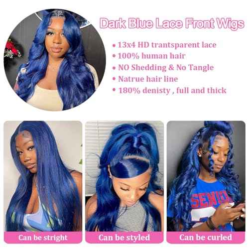 Dark Blue Lace Front Wigs Human Hair Pre Plucked 180% Density 26 Inch Body Wave HD 13x4 Lace Front Pre Plucked Dark Blue Human Hair Wigs with Bleached Knots Natural Hairline