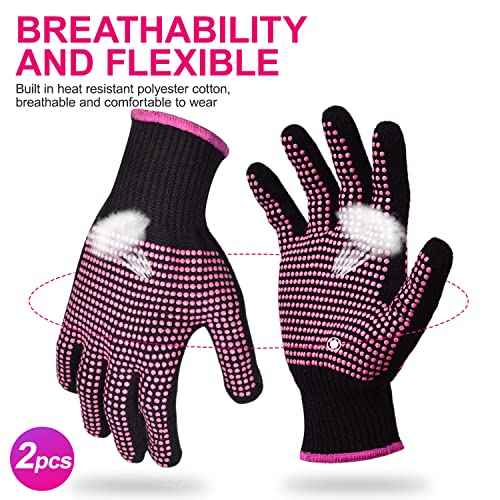 Sopito 2Pcs Heat Resistant Gloves with Silicone Bumps, Professional Heat Protection Gloves for Hair Styling, Mitts for Curling Iron Wand Flat Iron Sublimation, Rose Red