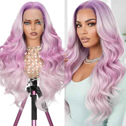 Pink and Purple Ombre Lace Front Wig, 13x6 Glueless Body Wave Human Hair Wig with HD Transparent Lace, Pre Plucked & Baby Hair