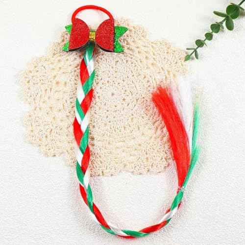 Christmas Long Braided Ponytail Extension with Hair Straight Wrap Around Red White Green Ponytail Hair Extensions Hair Tie Soft Healthy Synthetic Hair Piece for Women Girls Xmas Holiday (E)