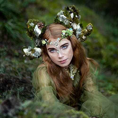 MOSTORY Cosplay Elf Crown V-shape Crystal Headband Woodland Forest Headpiece Mushroom Flower Hair Garland for Women Girls Wedding Bridal Easter Thanksgiving Christmas Costumes Aqua Green