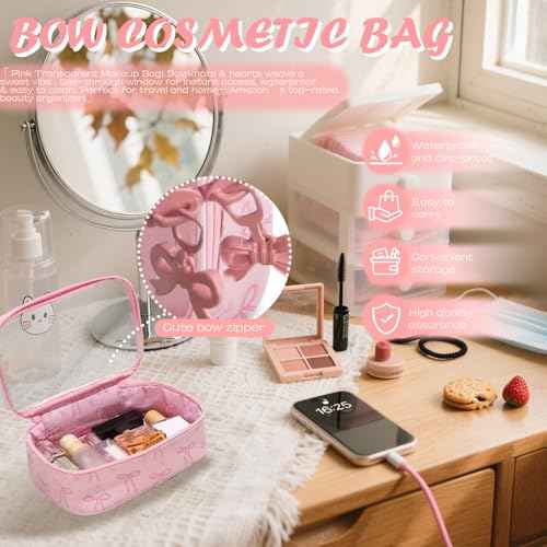 Women's bow cosmetic bag, transparent waterproof suitable for travel cute cosmetic bag girlfriend mother bridesmaid gift