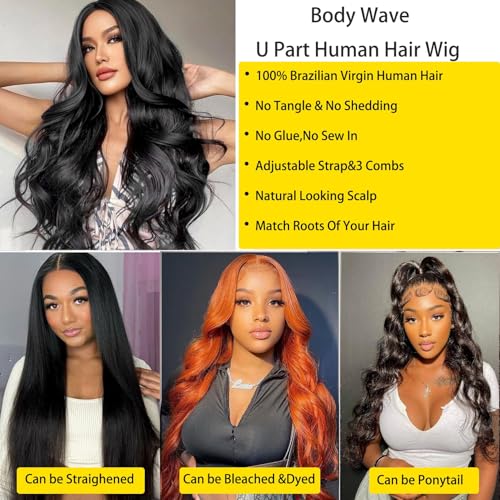 U Part Human Hair Wig Body Wave Brazilian Virgin Hair Glueless Wigs Human Hair 180% density U Part Wig for Black Women Clip In U Part Wig Human Hair Upart half wig Natural Black Color 20 inch