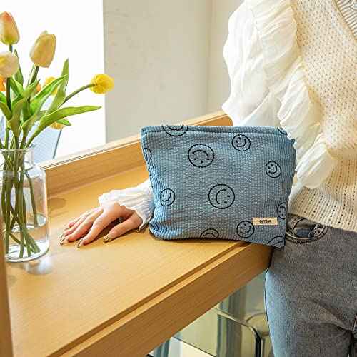 GUTGNK Makeup bag for Women, Corduroy Cosmetic Bag Aesthetic Design Ladies Tote Bag,Cute Smiley Face Makeup Organizer with Zipper - Blue