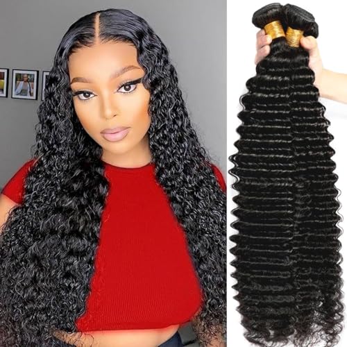 Human Hair Bundles Deep Wave 3 Bundles (14 16 18inches) 12A Grade Brazilian Virgin 100% Unprocessed Human Hair Deep Wavy Bundles Natural Black Raw Hair