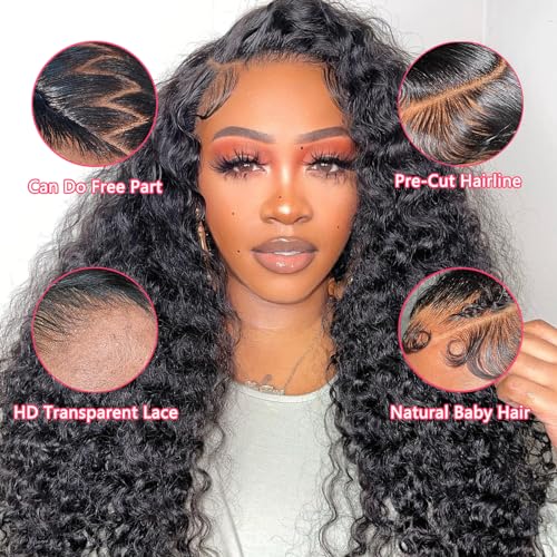 24 Inch Water Wave Lace Front Wigs Human Hair Wigs for Black Women 180% Density 5x5 HD Lace Front Glueless Wigs Human Hair Pre Plucked with Baby Hair Deep Curly Lace Frontal Human Hair Wig