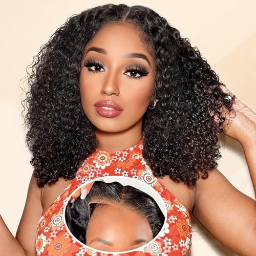 Put On and Go Glueless Wigs Human Hair Pre Plucked Pre Cut Lace Closure Wigs for Black Women 200% Density Glueless Deep Curly Bob Wig Human Hair 30 Seconds Install for Beginners Natural Color 14 Inch