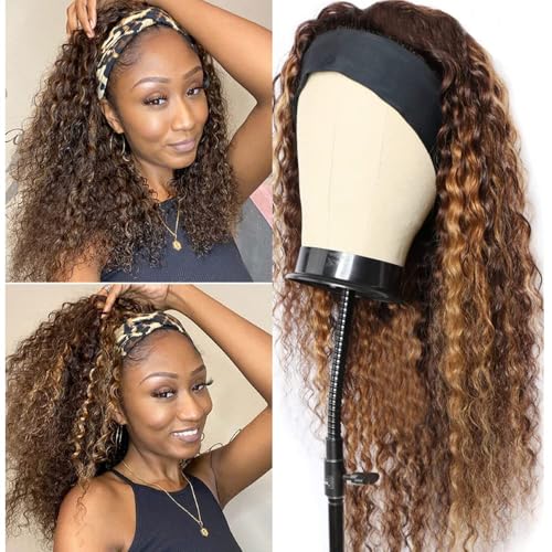 Highlight Deep Wave Wigs Human Hair 20 Inch Ombre Curly Headband Wig Human Hair Wigs for Black Women Human Hair Non Lace Front Wigs Brazilian Virgin Hair Brown Glueless Wear and Go Wigs Blonde