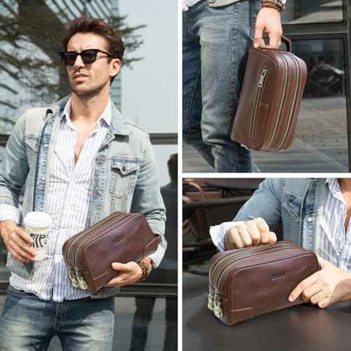 Coded Lock Toiletry Bag, Mens Genuine Leather Travel Shaving Dopp Kit Anti Theft Business Wallet Clutch Purse Bag Organizer
