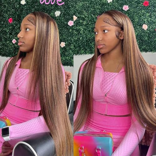 Highlight 13x4 HD Lace Front Wigs Human Hair 4/27 Honey Blonde Straight Transparent Lace Front Wigs Pre Plucked 12A Ombre Wigs Human Hair for Women 180% Density 22 Inch