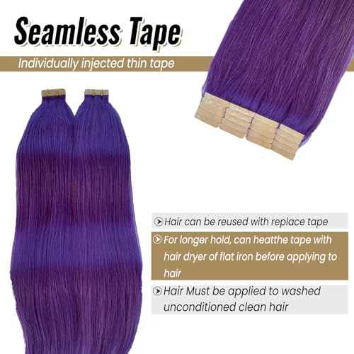 Munx Human Hair Extensions Tape in Purple 20 Inch 50g Real Hair Extensions Tape in Remy Silky Straight Natural Hair Extensions 20pcs