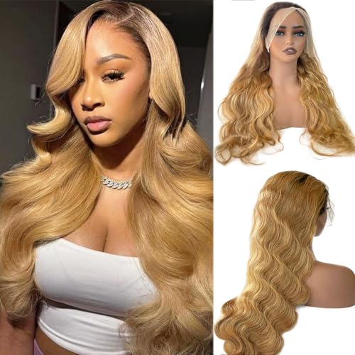 28 Inch Body Wave Lace Front Wigs Human Hair Pre Plucked Curly Wave Ombre 1B27 Glueless Wigs Human Hair 13x4 Color Natural Black to Honey Blonde Frontal Pre Plucked Real Human Hair Wig for Black Women