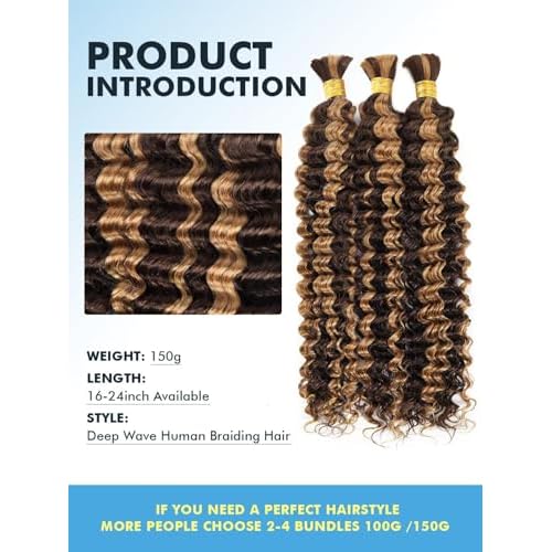 Human Braiding Hair for Boho Braids Ombre Highlight Curly Boho Hair for Braiding Knotless 12A Deep Wave Bulk Bohemian 3 Bundles/Pack Color P4/27 150g 20 Inch