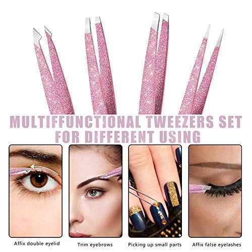 Eyebrow Tweezer Set, 4 Pcs Professional Stainless Steel Tweezers for Women, Precision Tweezer for Facial Hair, Splinter and Ingrown Hair Removal£¨Rose Gold£©