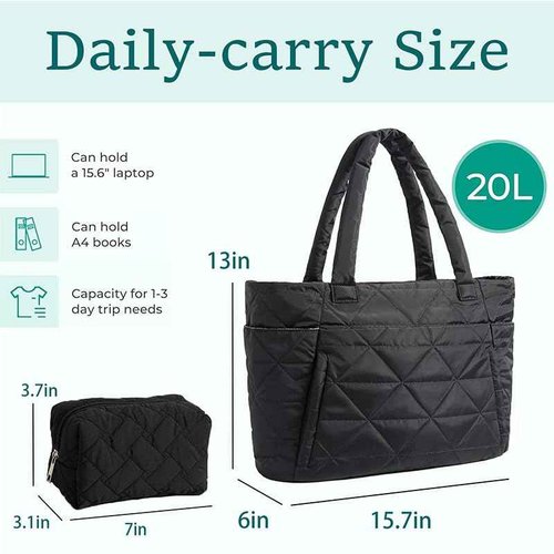 jiffordwind Personalized down handbag for women, lightweight handbag with compartments, wearing down makeup bag, suitable for work and travel (Black)