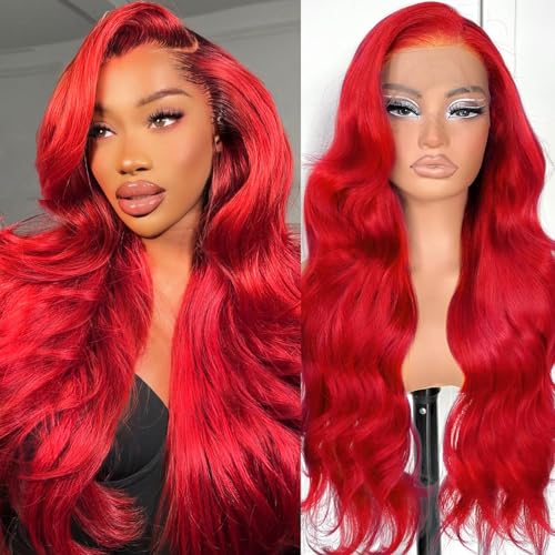26 Inch Red Human Hair Wig 13x4 HD Lace Front Wigs Human Hair Pre Plucked Body Wave Human Hair Wig Color Wigs Human Hair 200 Density Red Lace Frontal Wigs Red Wig Human Hair