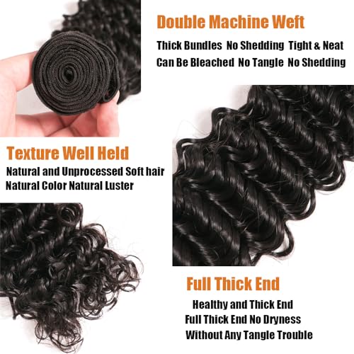 Deep Wave Bundles Human Hair 3 Bundles 12A Brazilian Virgin Human Hair Deep Curly Wave Extensions 100% Unprocessed Human Hair Weave Bundles Natural Black Color 12 14 16 Inch