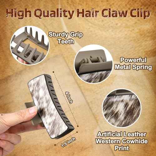 DEEKA 4 Pack Large Western Hair Clips Artificial Leather Cowhide Pattern Hair Claw Clips 4" Cowgirl Black Brown Hair Clips Set for Thick Hair Western Accessories Gifts for Women and Girls