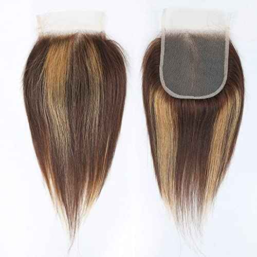 FQ 4/27 Highlight Bundles and Closure Straight P4/27 Human Hair Bundle with Closure(10 10 10+10) Brazilian Ombre Honey Blond Colored Short Bob 50g 3 Bundles with 4x4 Lace Closure