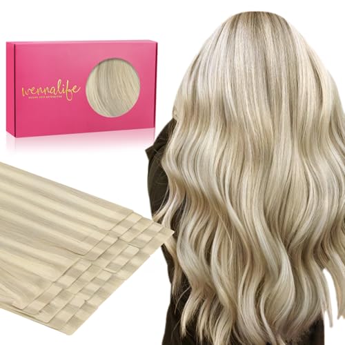 WENNALIFE Invisi Edge & Classic Tape in Hair Extensions Human Hair, 18 Inch 50g 20pcs(10pcs Invisi Edge & 10pcs Classic) Ash Blonde Highlighted Platinum Blonde Invisible Luxury Remy Hair Injected