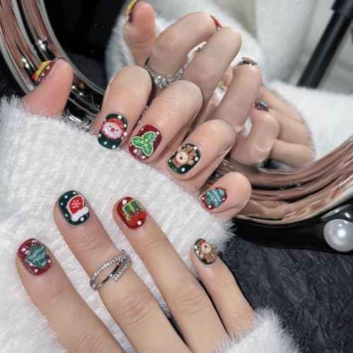handmade nails press on Salon Quality false nails Reusable short square round red green christmas gifts tree cute acrylic fake nails designed kit,10 Nails Size M #1201