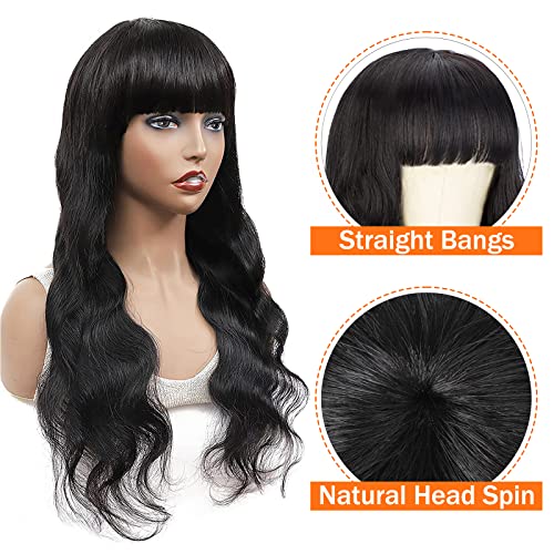 Lativ Body Wave Wigs with Bangs Human Hair Wigs for Black Women None Lace Front Wigs 150% Density Brazilian Virgin Hair Glueless Machine Made Wig Natural Color(20 Inch, Body Wave)