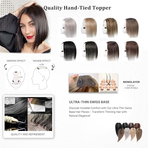 Ash Brown Hair Toppers Real Human Hair for Women with Thinning Hair No Bangs 10 Inch (#3 Tone Ash Brown with Dark Root)