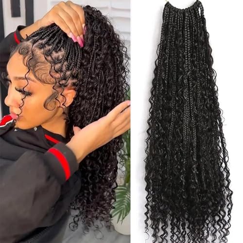 Crochet Boho Box Braids With Human Hair Pre Looped Hair Goddess Box Braids With Human Hair Curly Full Ends Hair Extensions For Women Natural Black Color 18inch 1 Pack(40 Strands)
