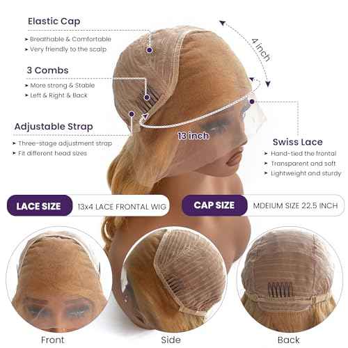 Ubetta Honey Blonde Wig Human Hair, Body Wave Honey Blonde Lace Front Wig Human Hair, 22 Inch Glueless 13x4 HD Lace Frontal Wigs Human Hair Pre Plucked 180% Density Lace Frontal Wigs for Black Women