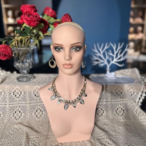 Realistic Female Mannequin Head with Shoulders for Wigs Earrings Hats Display,Glam Half Body Mannequin Head Wig Head Stand JF-DP496-YH1