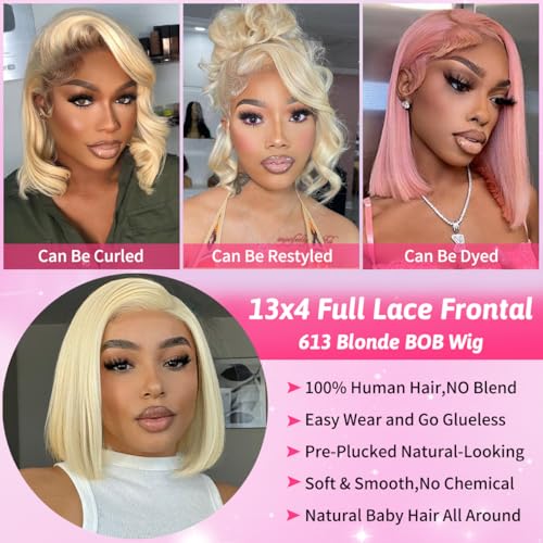 613 Bob Wig Human Hair 13X4 Lace Front Bob Wig Human Hair Straight Blonde Bob Wig Pre Plucked With Baby Hair 200% Density For Women 14 Inch