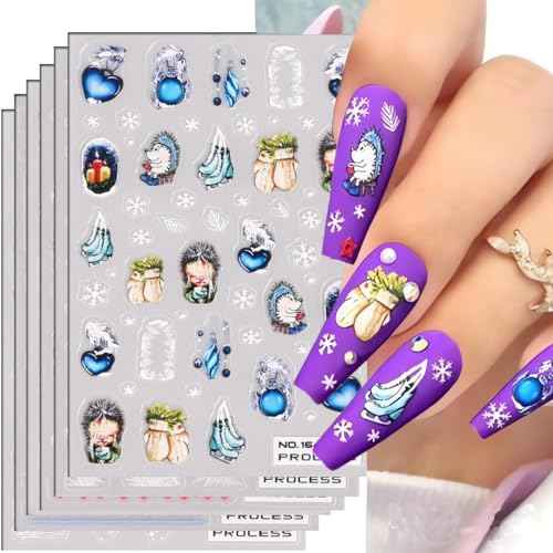 6Sheets Christmas Nail Art Stickers Decals 3D Self-Adhesive Christmas Nail Art Supplies 3D Xmas Snowflake Santa Cartoon Snowman Nail Art Design for Women New Year DIY Nail Decor