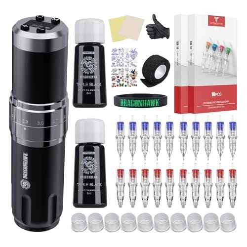 Dragonhawk Wireless Tattoo Gun Kit - Pro Rotary Tattoo Machine with 7 Strokes Length 20 Cartridges Needles Practice Skin Black Tattoo Inks for Beginners
