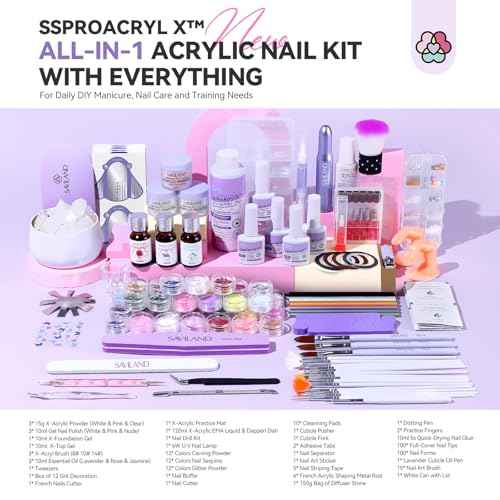 SAVILAND Acrylic Nail Kit with Everything: Professional Nail Kit Acrylic Set with EMA Monomer Nail Drill Gel Polish for Nail Extension 3D Carving Sculpture Home Salon Use Christmas Gift Set