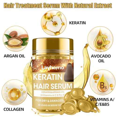 Keratin Hair Treatment Serum,Hair Oil Treatment for Dry Damaged Hair,Hair Oil Capsules with Keratin,Argan Oil-Leave-in Anti Frizz Conditioner with Vitamins A, C, E & B5- No Rinse for All Hair Types