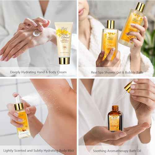 Bath & Body Gift Set, Luxury Home Spa Bath Gift Basket, Honey Almond Scented Bath Set, Pamper Gifts for Women & Teens, 15 Pcs Relaxing Home Spa Kit with Bubble Bath, Bath Salts, Body Lotion
