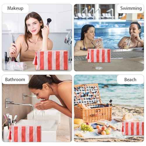 DYSHAYEN Makeup Bags for Purse,Small Clear Coated Cosmetic Bags for Women Girls, Waterproof Travel Organizer Zipper Pouch Beach Vacation Essentials (Pink-Orange)