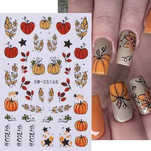 Fall Nail Art Stickers, Autumn Pumpkin Nail Decals 3D Self-Adhesive Red Gold Maple Leaf Pumpkin Fall Sunflower Flower Nail Art Design Thanksgiving Nail Accessories for Women Girls(6 Sheets)