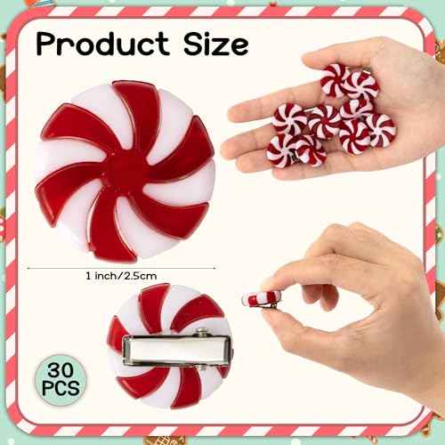 Christmas Candy Hair Clips - 30 Pcs Red and White Peppermint Snap Clips for Women Girls Bulk Holiday Party Favors, Christmas Stocking Filling, Classroom Gifts, DIY Hair Accessories for Xmas