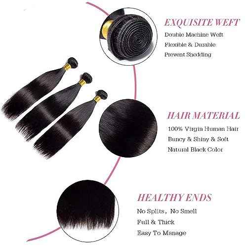 Straight Human Hair Bundles 14 16 18 Inches Brazilian 100% Unprocessed Virgin Hair Weave Bundles Human Hair Straight Weft Natural Black Color Hair Extensions for Women