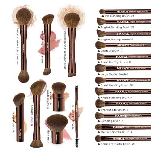 MAANGE 20 PCS Makeup Brush Set with Bag, Double-ended Kabuki Brush Foundation Contour Brush for Liquid Powder Concealer Eye Shadows Cream Cosmetics Blending Blush Face Makeup Tools (Brown)
