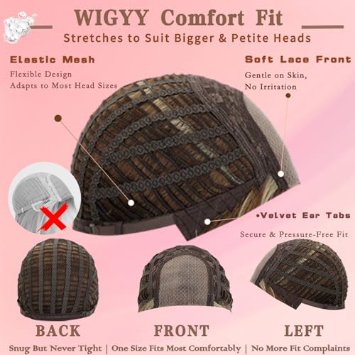 WIGYY Honey Brown Short Bob Wig with Bangs for White Women ? 12 Inch Straight Lace Front Synthetic Wig, Glueless Heat-Resistant Protein Fiber, Realistic Lightweight Daily Party Wear